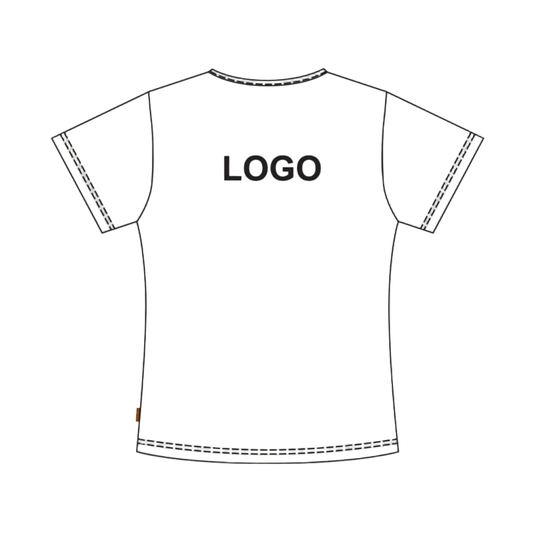 Piirroskuva esimerkkinä mihin kohtaan T-paidan yläselkään voidaan laittaa logopainatus silkkipainotekniikalla.