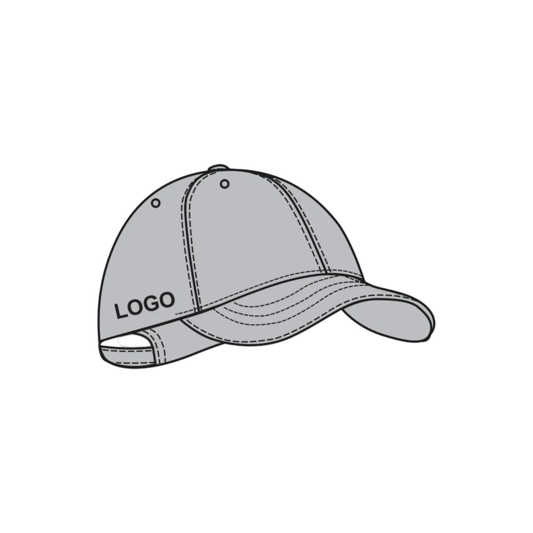 Piirroskuva esimerkkinä mihin kohtaan lippalakin oikeaa sivua voidaan laittaa logopainatus.