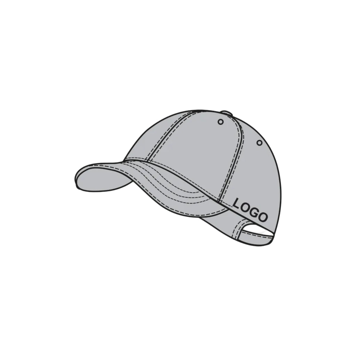 Piirroskuva esimerkkinä mihin kohtaan lippalakin vasemmalle sivulle voidaan laittaa logopainatus.