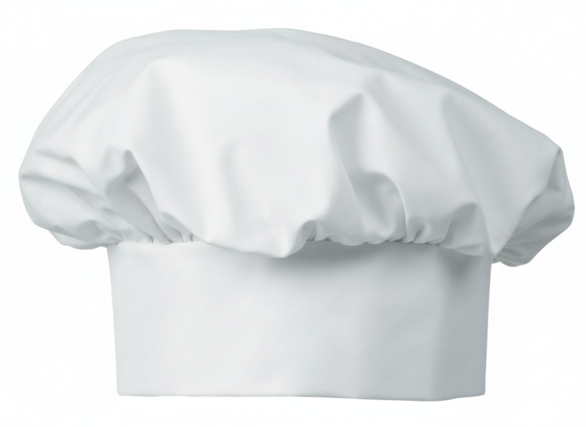 Kuvassa perinteinen valkoinen kokinhattu. 