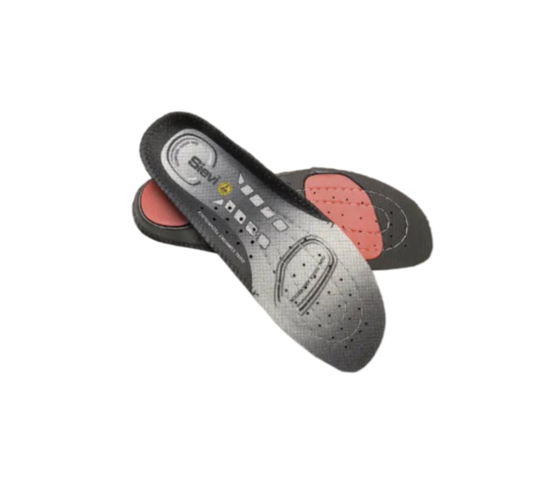 Sievi Dual Comfort tekstiilipohjalliset. Päällisessä harmaan eri sävyjä ja valkoista. Pohja mustaa ja iskunvaimennusvyöhykkeet punaiset.