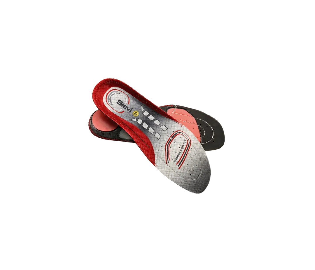 Pohjallinen Sievi Dual Comfort Plus:Neutral tekstiilipohjalliset. Päällisessä harmaan eri sävyjä, punaista ja valkoista. Pohja mustaa ja iskunvaimennusvyöhykkeet punaiset.
