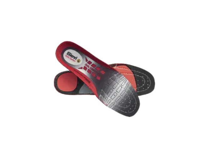Sievin anatomisesti muotoilevat pohjalliset. Päällisessä harmaata, punaista ja valkoista. Pohjassa mustaa, punaista ja harmaata. 