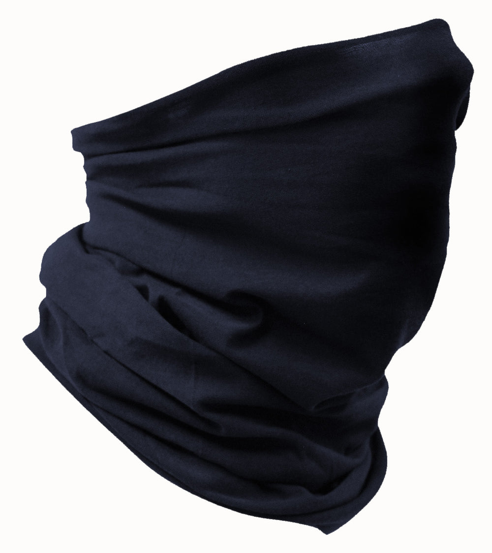 Tummansininen tuubihuivi trikoomateriaalista. 