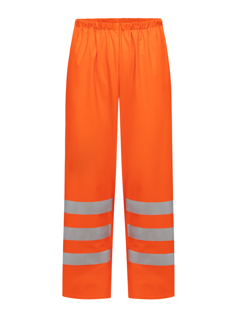 Oranssit varoitusväriset sadehousut. Lahkeissa 3 heijastinnauhaa. Vyötäröllä kuminauha. 