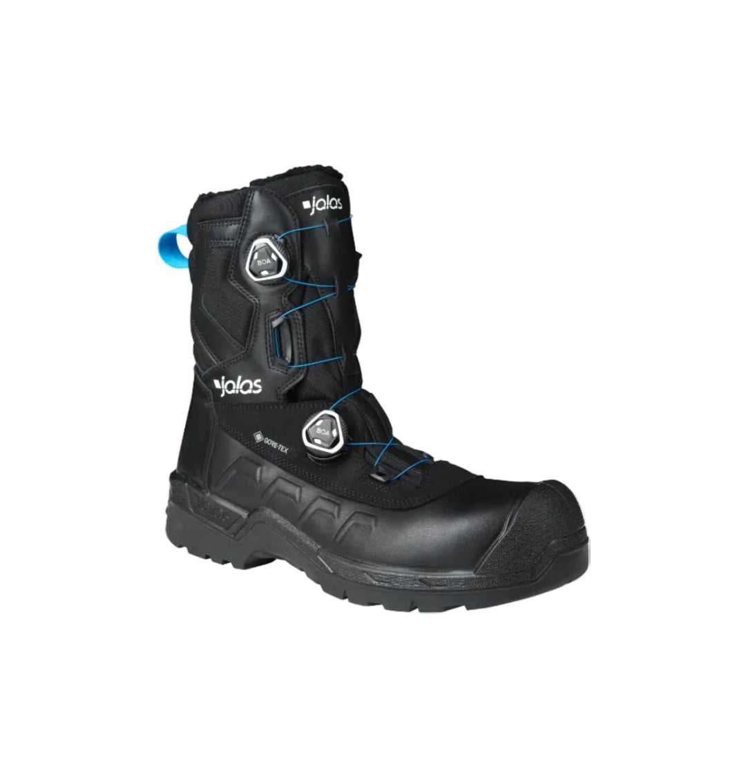 Jalas Heavy Duty Winter GTX turvasaappaat/ maiharit. Boa kiinnitys edessä sivulla. Karvavuori. Muuten mustat, mutta sinistä koristeena ja takana olevassa lenkissä. 