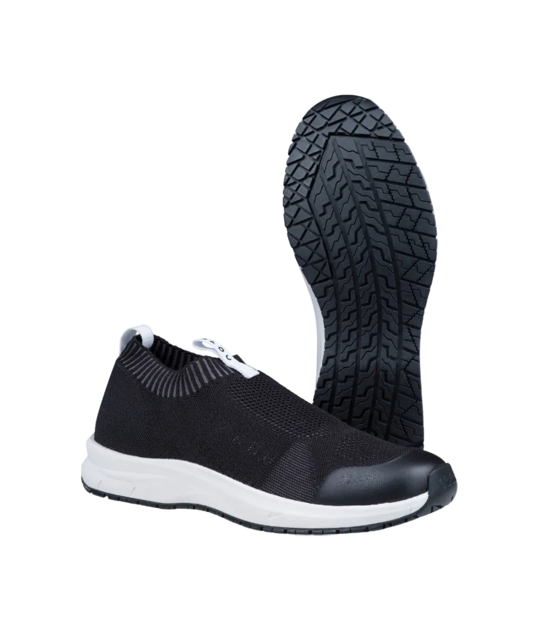 Jalaksen mustat Spoc työkengät/ lenkkarit. Tekstiilipäällinen. Slip-on sukkarakenne. Pohja valko-musta.