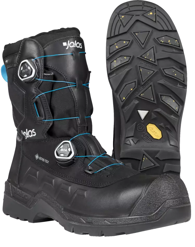 Kuvassa Sievin musta turvasaapas Jalas Heavy Duty Winter GTX  boa-kiinnityksellä. Vedenpitävät, Vibram-pohja.