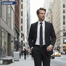 Kuvassa mies kävelee kadulla päällään Image Wearin musta puku, valkoinen kauluspaita ja musta turvasolmio sekä nahkavyö. 