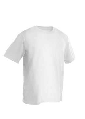 Valkoinen T-paita lyhyellä hihalla ja pyöreällä pääntiellä. 