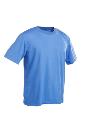 Sininen T-paita lyhyellä hihalla ja pyöreällä pääntiellä. 