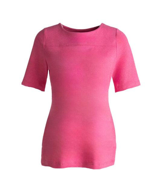 Kuvassa Image Wearin pinkki naisten Softy T-paita. Pyöreä pääntie. Etukaarrokkeessa sauma.