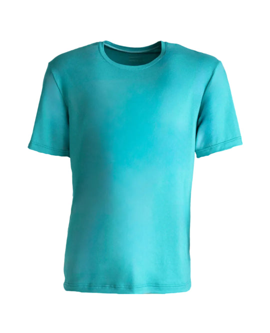 Kuvassa Image Wearin turkoosi Softy-materiaalin T-paita unisex mitoituksella. Pyöreä kantattu pääntie.