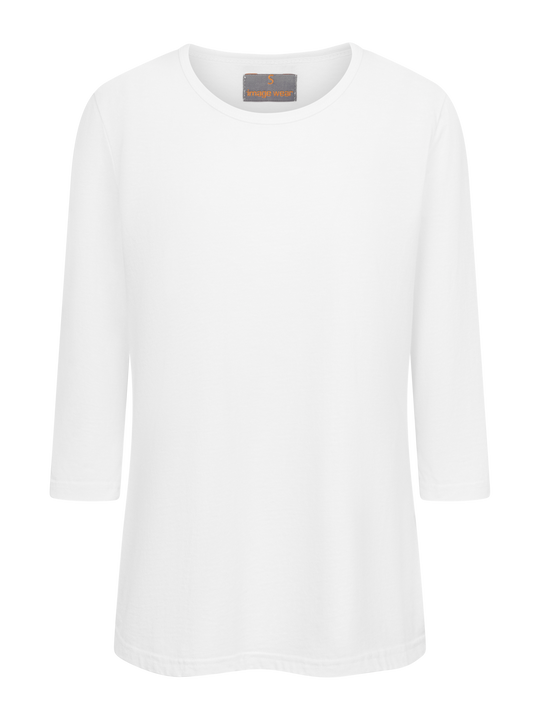 Naisten valkoinen trikoopaita 3/4-mittaisilla hihoilla. 