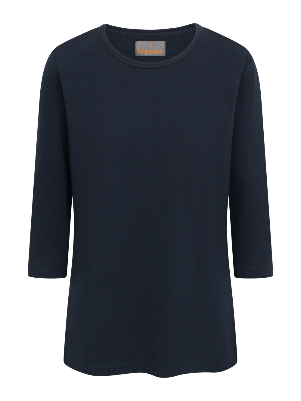 Naisten tummansininen trikoopaita 3/4-mittaisilla hihoilla. 