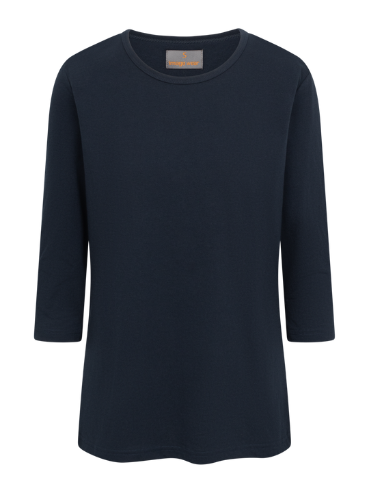 Naisten tummansininen trikoopaita 3/4-mittaisilla hihoilla. 