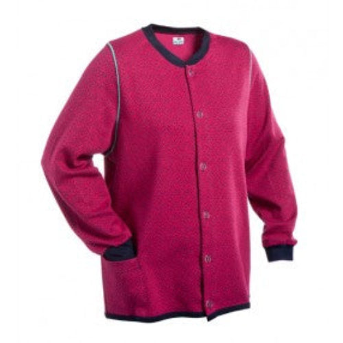 Kuvassa Image Wearin oloasun takki. Väri fuksia-tummansininen. Edessä valkoiset napit. 1 tasku. Tummansiniset resorit pääntiellä, hihansuissa ja helmassa. 