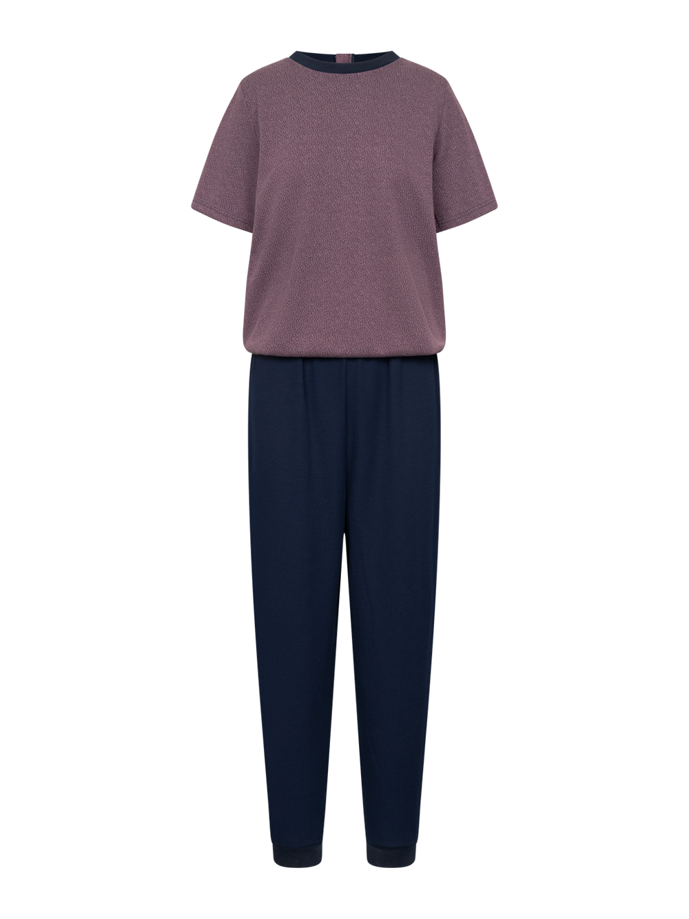 Hygieniahaalari, jossa tummansininen alaosa ja yläosa marjapuuron värinen. Lyhythihainen. 