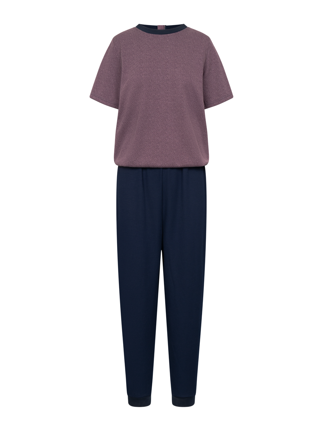 Hygieniahaalari, jossa tummansininen alaosa ja yläosa marjapuuron värinen. Lyhythihainen. 