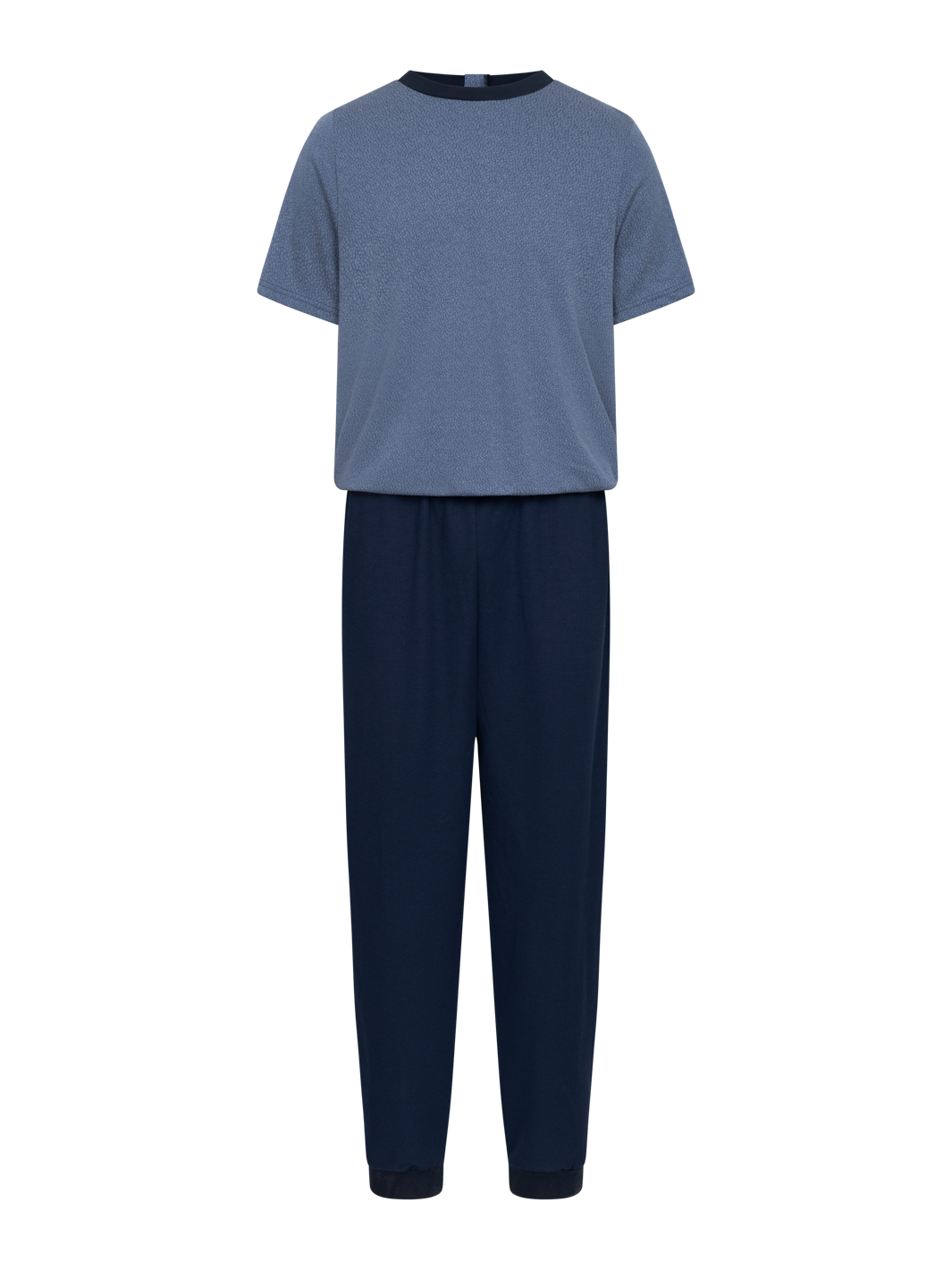 Hygieniahaalari, jossa tummansininen alaosa ja yläosa vaaleamman sininen . Lyhythihainen. 