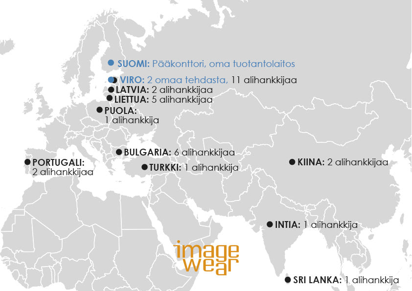 Karttakuva Image Wearin tuotantopaikoista Suomessa ja maailmalla.