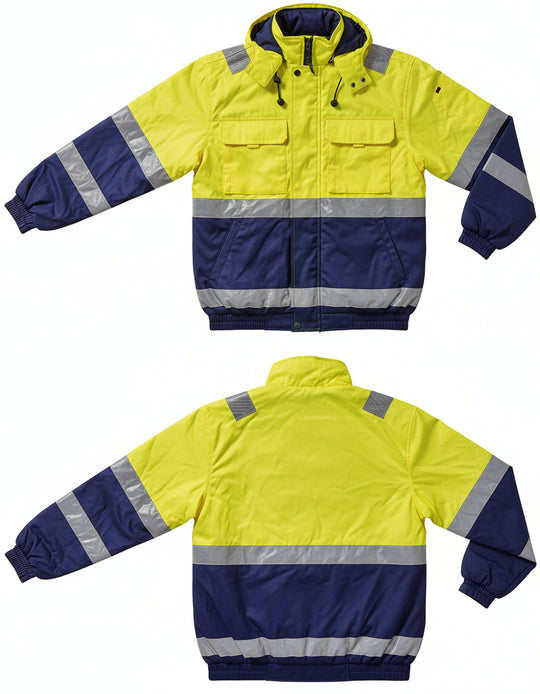 Varoitustalvitakki irrotettavalla hupulla. Hupussa pieni lippa edessä. Väritys näkyvä keltainen-sininen. Paljon taskuja edessä ja alhaalla sivussa. Heijastinnauha miehustassa ja hihoissa. 