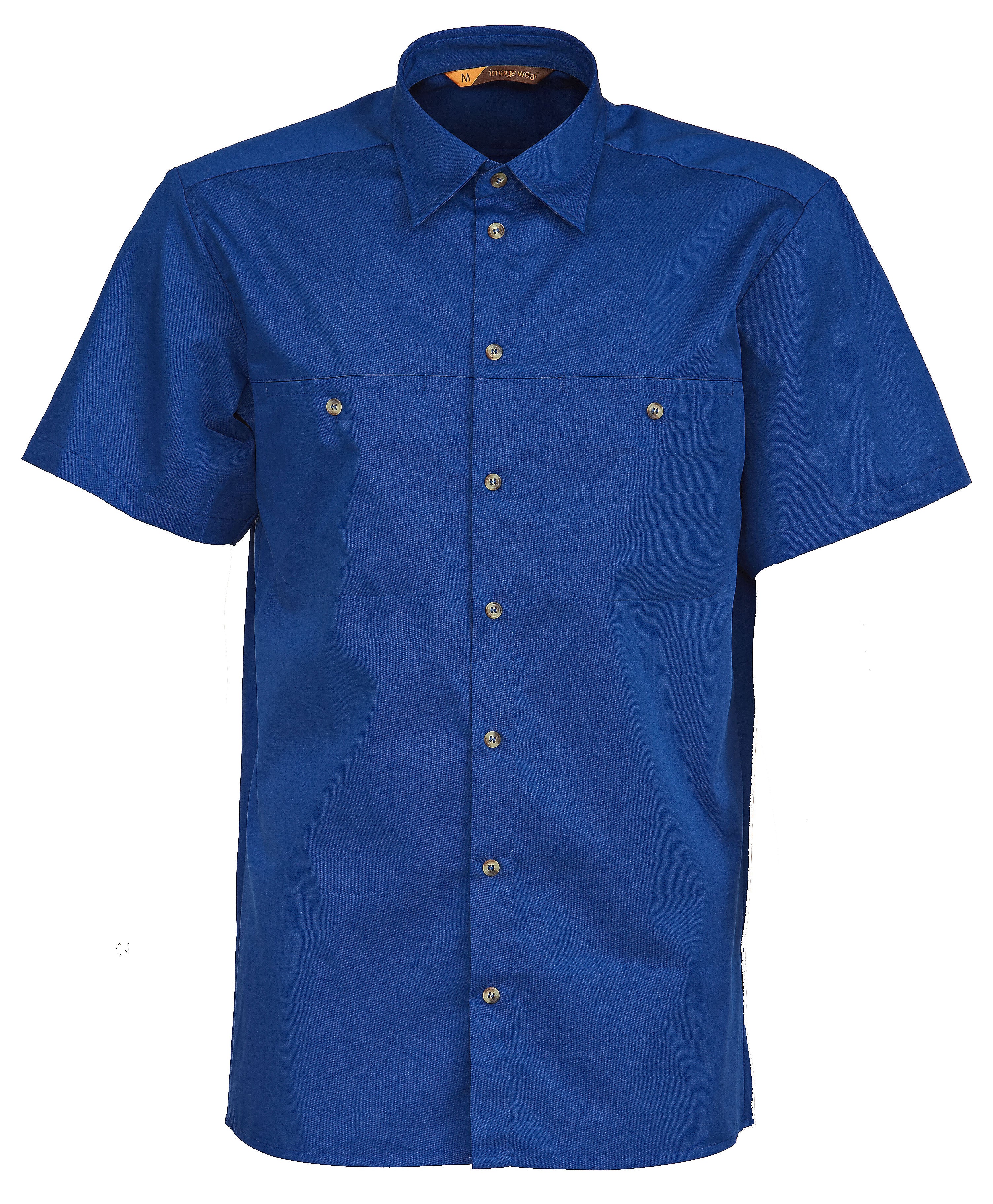 Image Wearin sininen lyhythihainen twill-paita. Napilliset rintataskut. Halkiot sivussa. 
