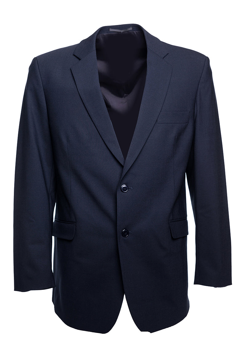 Hoikan mitoituksen tummansininen miesten puvuntakki, kaksi nappia. Takissa on yksi rintatasku ja kaksi alataskua, materiaalina villasekoite.
