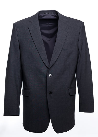 Miesten harmaa puvuntakki, jossa yksi rintatasku ja kaksi alataskua, kaksi nappia edessä. Takissa materiaali villasekoite.
