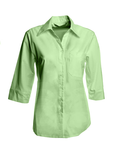 Vaaleanvihreä naisten paitapusero, jossa napitus edessä. Vihreät napit. 3/4-hihat ja rintamuotolaskokset. Vasemmalla rintatasku, jossa kynäpaikka.