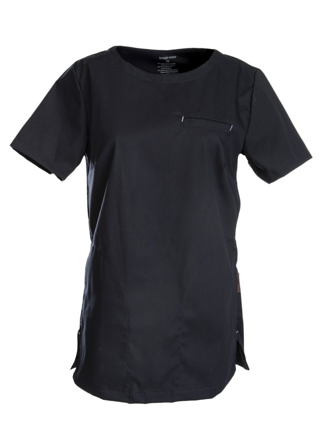Hoitotyöhön sopiva lyhythihainen naisten musta paita. Paidassa on useita taskuja mm. rintatasku ja alataskut.