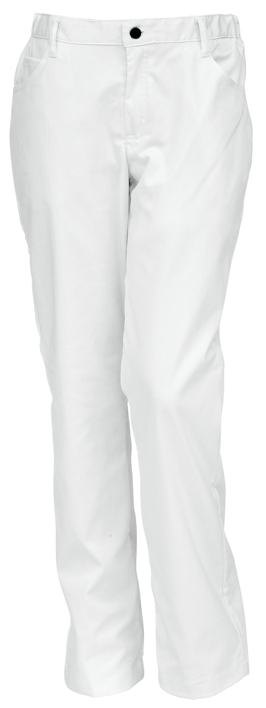 Valkoiset, farkkumalliset housut naisille. Edessä taskut, vetoketjukiinnitys. Suora lahje.