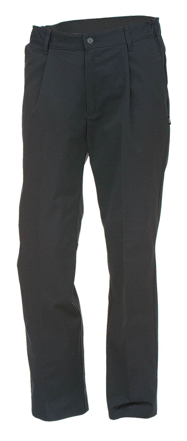 Mustat suorat kokin housut, jossa sivutaskut ja takatasku. Edessä ja takana muotolaskokset.