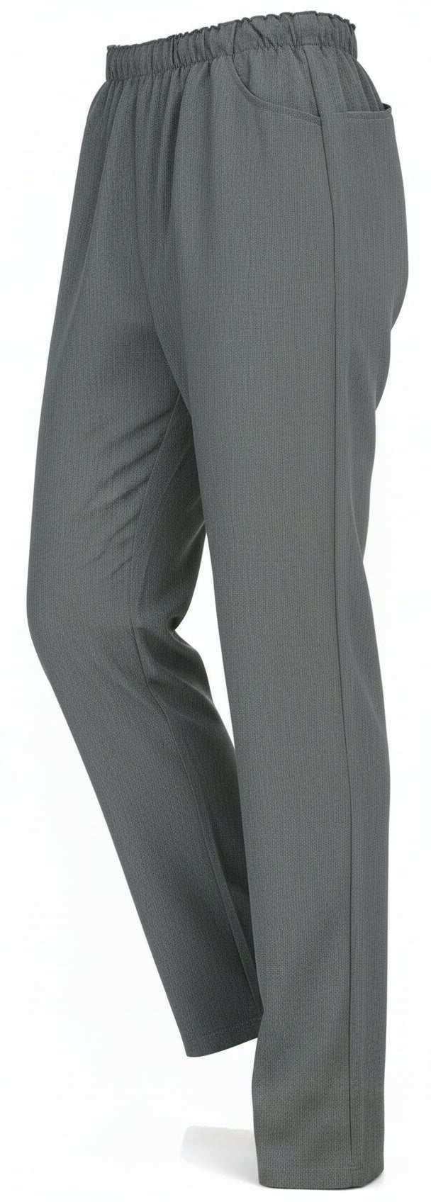 Naisten harmaat housut kuminauhavyötäröllä. Suora malli. Sivutaskut.