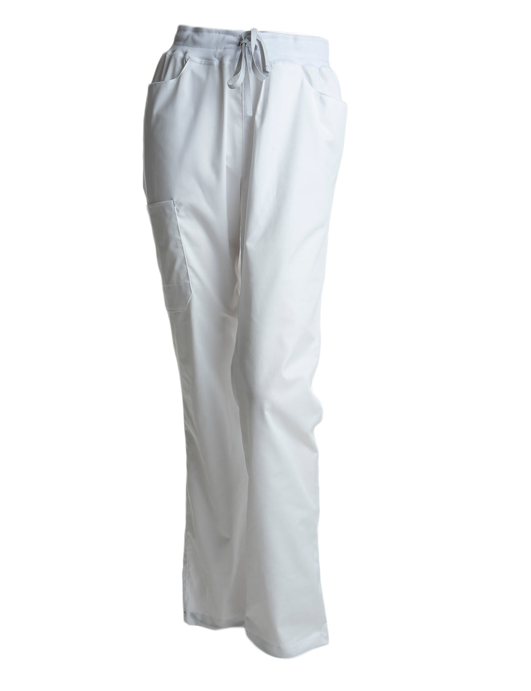 Monikäyttöiset valkoiset housut esimerkiksi terveydenhuoltoon ja hoitotyöhön. Viisi taskua, joista kaksi edessä, yksi vasemmassa reidessä ja kaksi takana. Nauhakiinnitys.