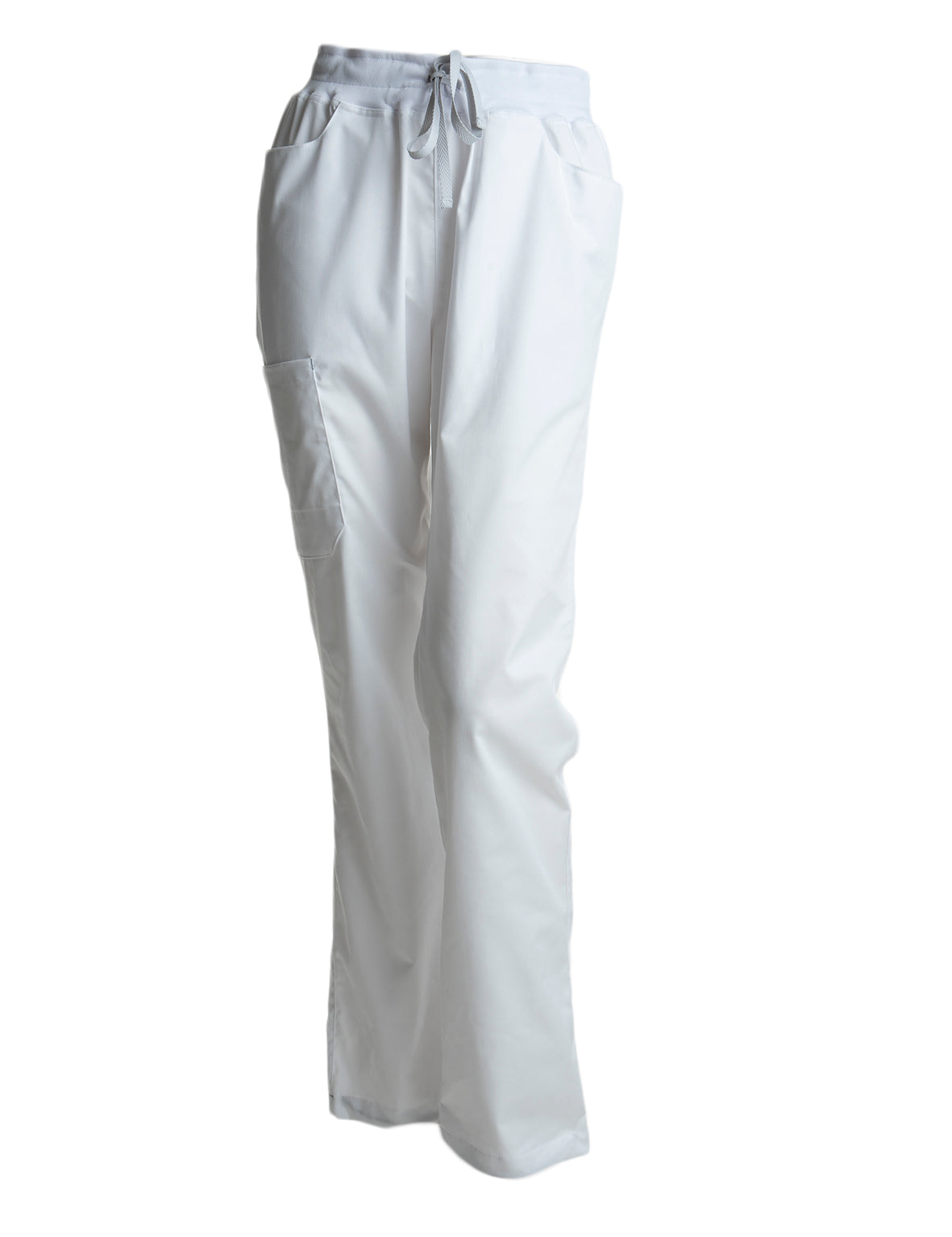 Terveydenhuoltoon valkoiset housut. Viisi taskua, joista kaksi edessä, yksi vasemmassa reidessä ja kaksi takana. 