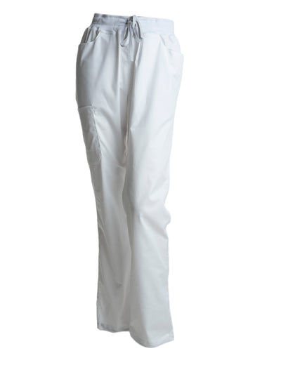 Terveydenhuoltoon valkoiset housut. Viisi taskua, joista kaksi edessä, yksi vasemmassa reidessä ja kaksi takana. 