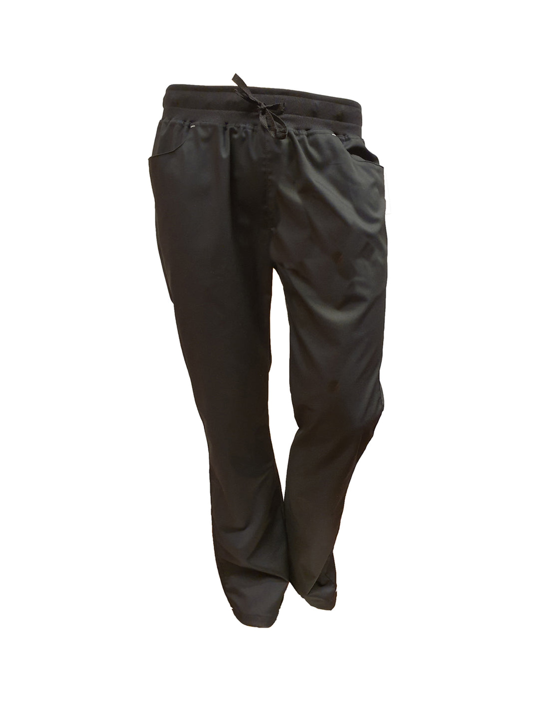 Monikäyttöiset mustat housut esimerkiksi terveydenhuoltoon ja hoitotyöhön. Viisi taskua, joista kaksi edessä ja kaksi takana. Nyörikiinnitys.