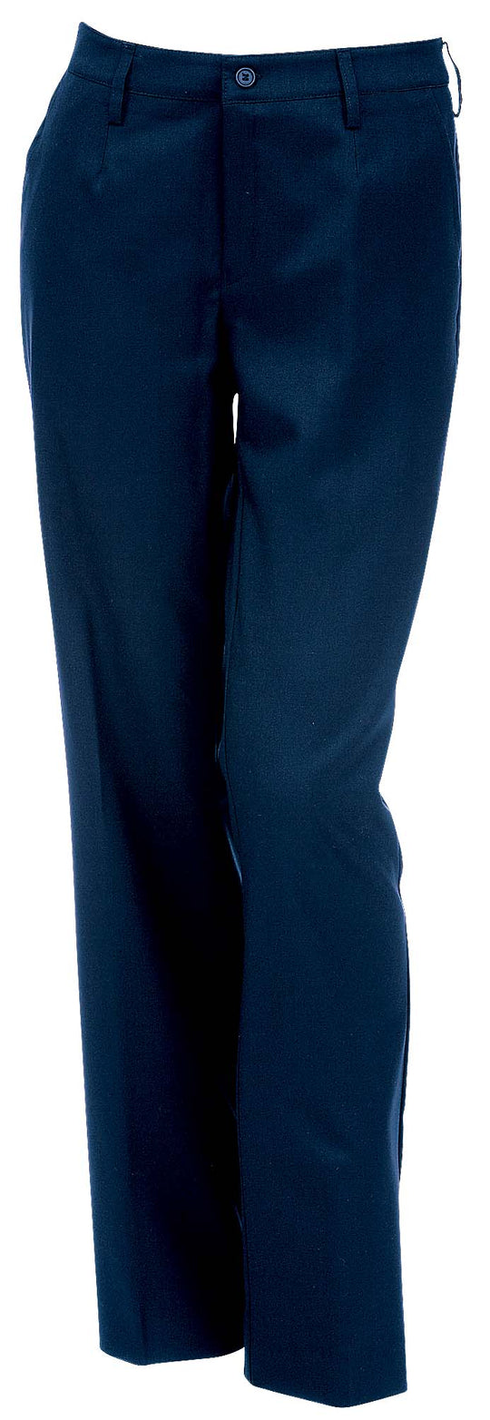 Ajattomat, tyylikkäät tummansiniset naisten housut joustavaa ja kestävää villasekoitetta. Housuissa vyönlenkit, sivutaskut ja polvisilkit. Koot: C32 - C52