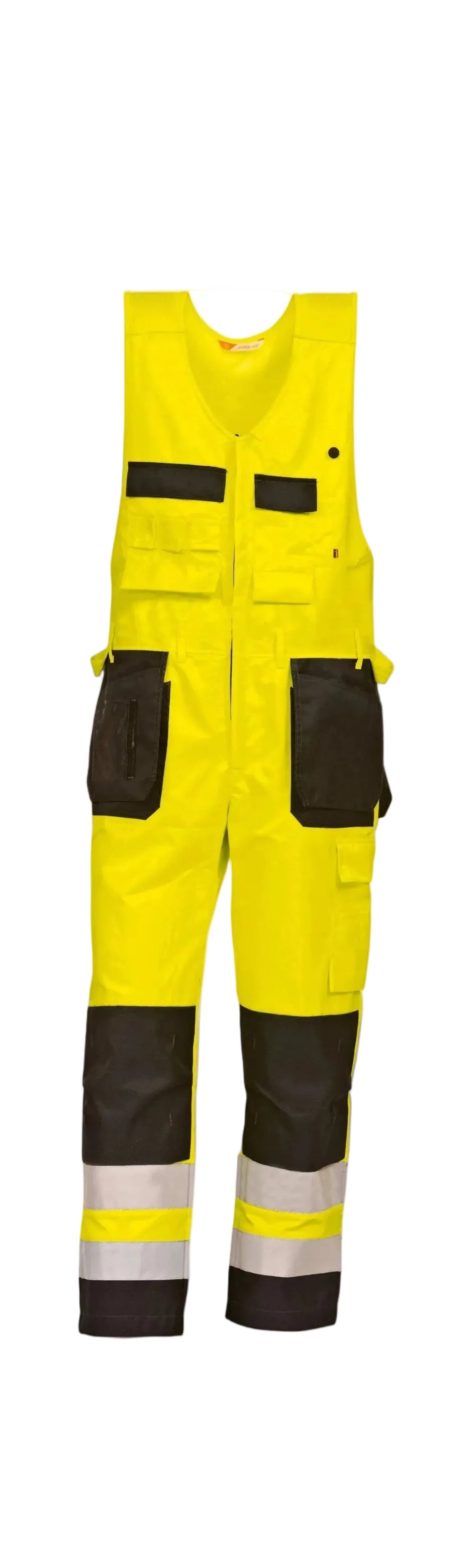 Image Wearin keltainen varoitusliivihaalari fluoresoivasta materiaalista. Paljon taskuja. 2-lukkoinen vetoketju. Vyölenkit. Alakautta täytettävät polvitaskut. Heijastimet lahkeissa.