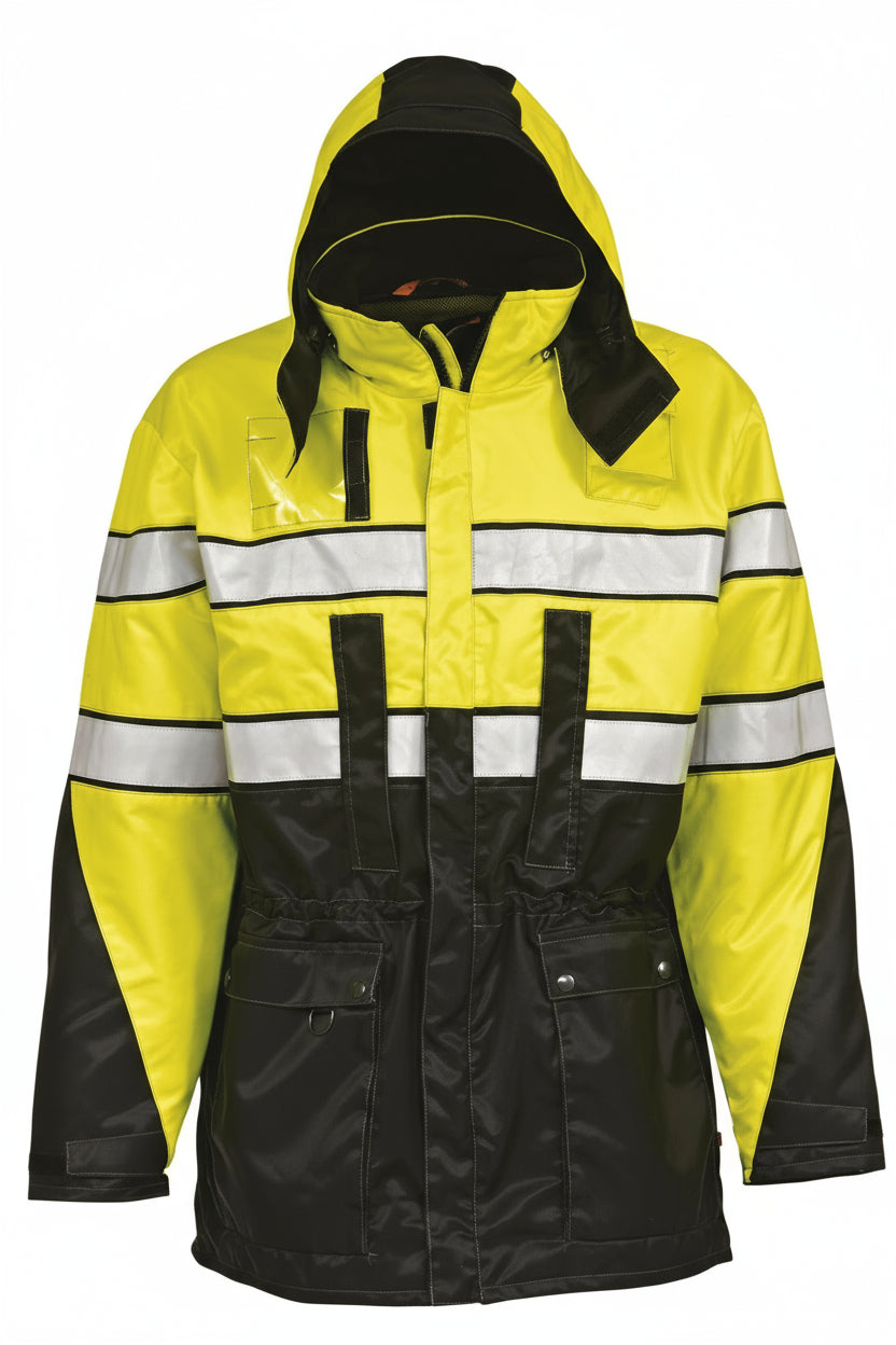 Keltamusta parkatakki, jossa kuminauhakiristys vyötäröllä. Takissa on kaksi leveää heijastinnauhaa vaakatasossa rintakehällä ja lantiolla. Takissa on huppu ja vetoketjukiinnitys edessä.