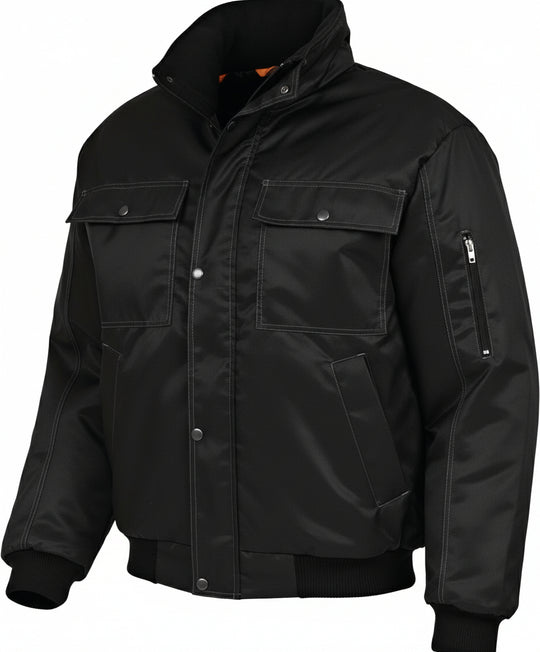 Musta pilottitakki, jossa läpälliset rintataskut ja alataskut. Hihassa vetoketjutasku. Vetoketju -ja neppikiinnitys. Resorit hihan suissa ja helmassa. Valkoiset koristetikkaukset.