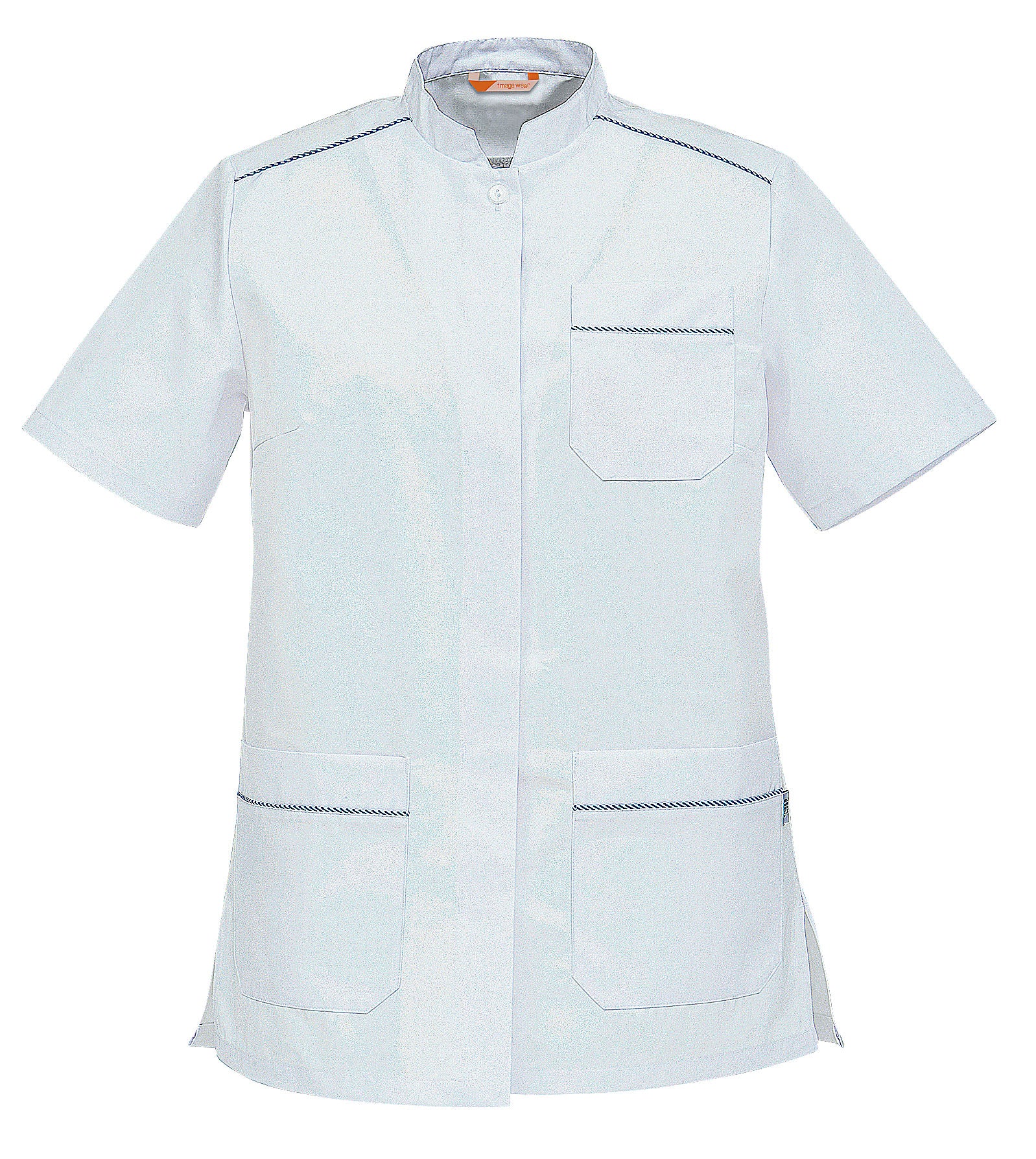 Naisten valkoinen korkean hygienian työtakki. Lyhyet hihat. Edessä 3 tasku. Taskun suissa ja olalla kapea sininen koristeraita. Pieni pystykaulus. 