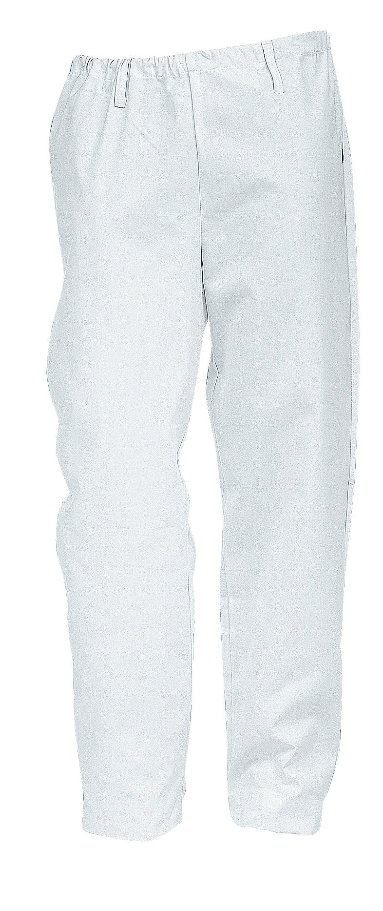 Valkoiset pitkälahkeiset suorat housut naisten mitoituksella. Kuminauhavyötärö ja vyönlenkit.