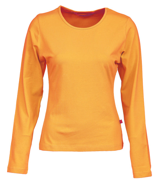 Oranssin värinen naisten pitkähihainen paita. Joustavaa trikoomateriaalia. Hieman vartalonmyötäinen. O-pääntie.