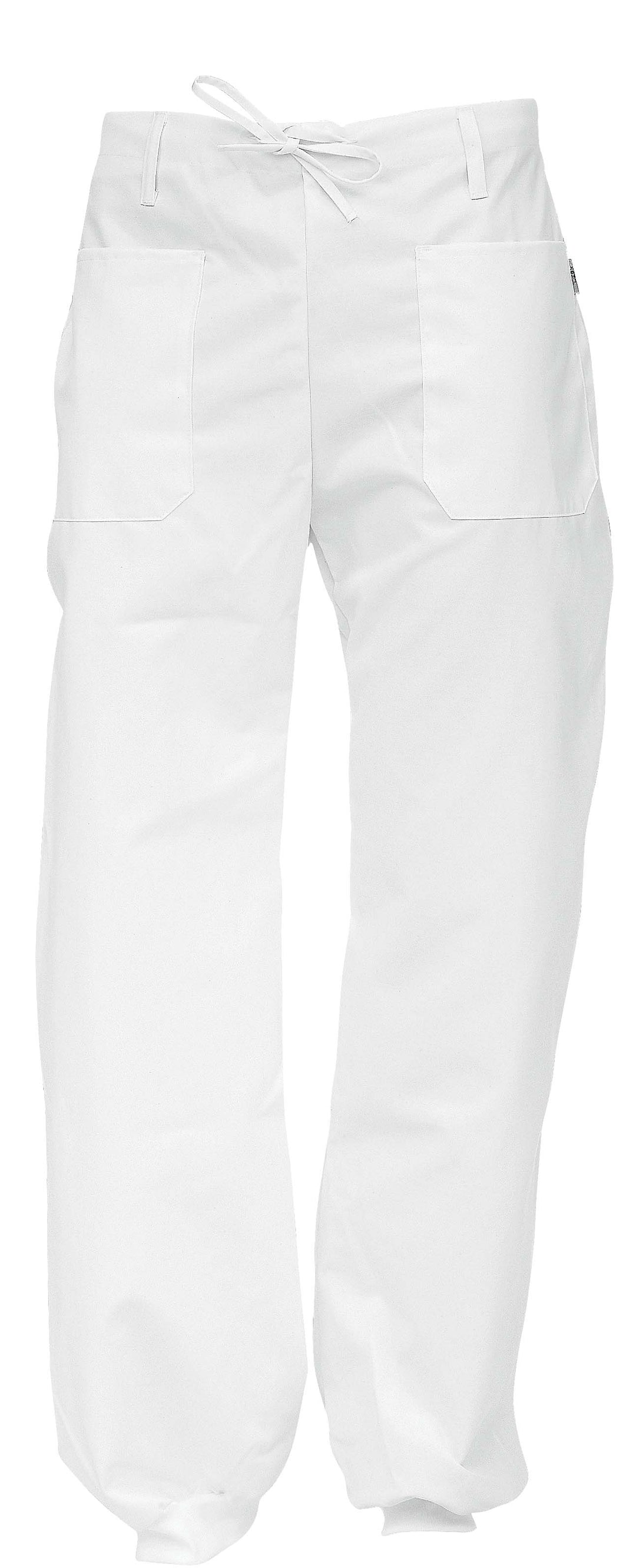 Valkoiset housut, jossa edessä kaksi paikkataskua. Vyönlenkit, edessä säädettävä nauha vyötäröllä. Lahkeensuissa resorit. 