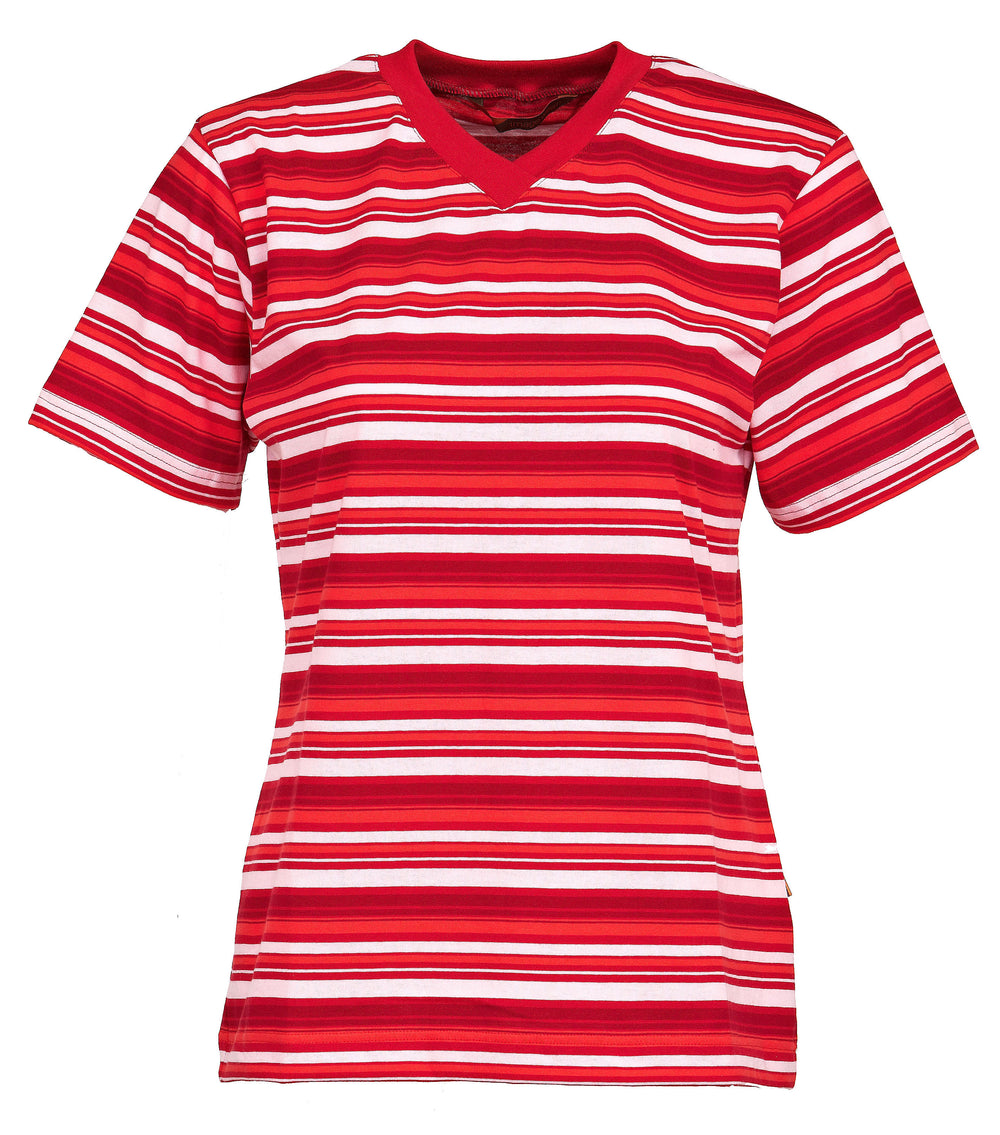 Lyhythihainen raidallinen t-paita naisille. V-pääntie, aavistuksen tyköistuva malli. Raidan värit punainen ja valkoinen. 