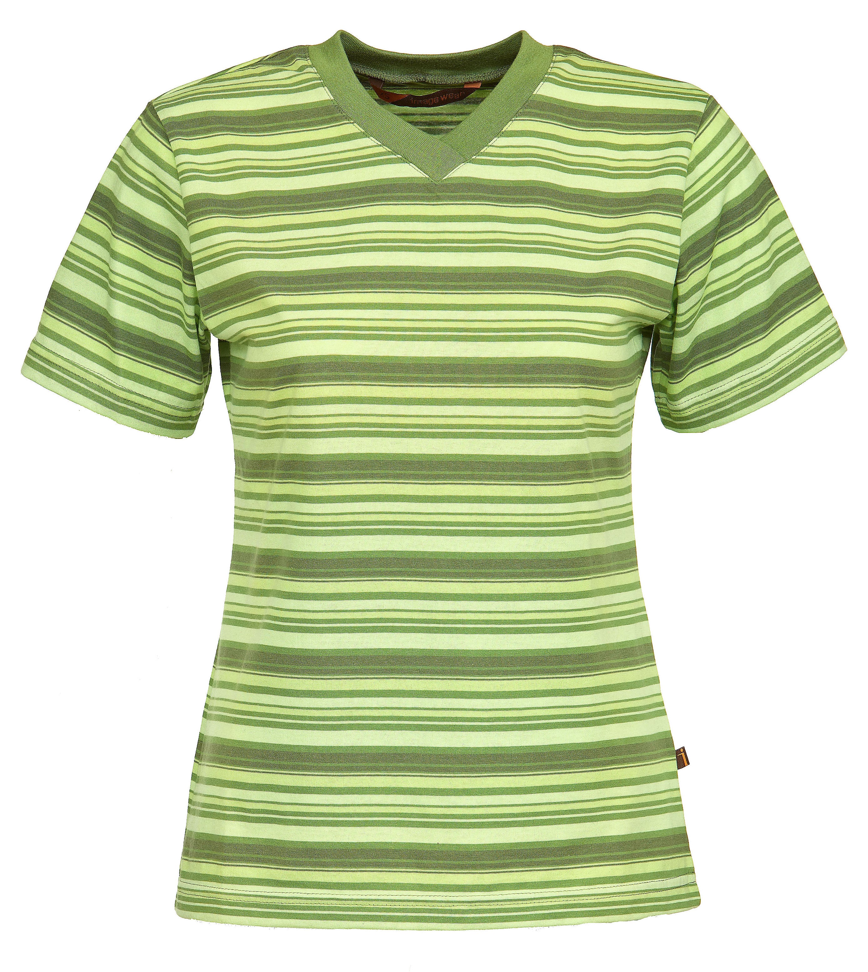 Naisten lyhythihainen raidallinen t-paita. Malli on lyhythihainen, v-pääntiellä. Aavistuksen tyköistuva malli. Raidan värit vihreän eri sävyjä. 