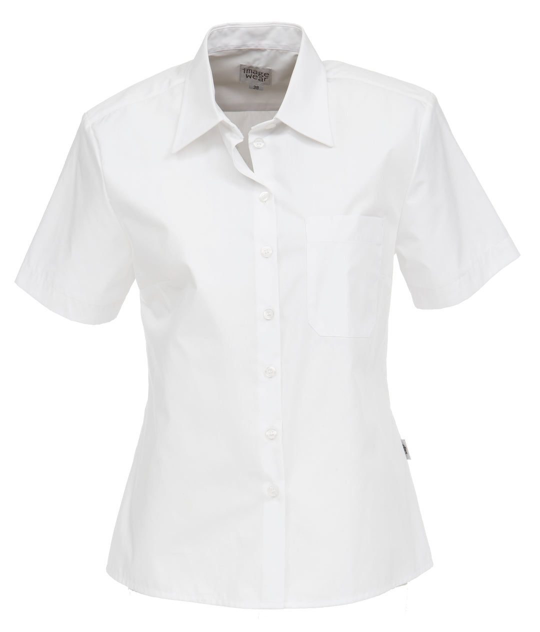 Naisten valkoinen lyhythihainen paitapusero. Rintatasku, jossa myös kynätasku erikseen. Helppohoitoinen ja miellyttävän tuntuinen materiaali. 