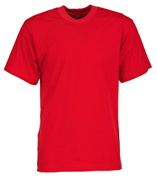 Punainen lyhythihainen t-paita miehille ja naisille pyöreällä pääntiellä.